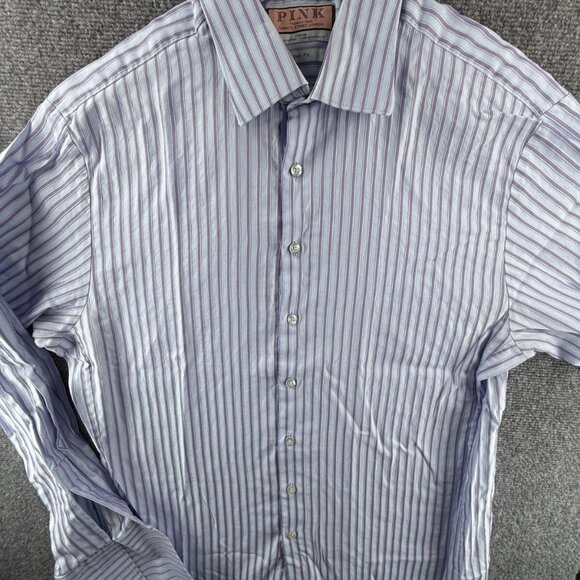 Thomas Pink Long Sleeve Button Up Shirt Cotton Slim Fit 17 French Cuff Striped - Picture 2 of 15